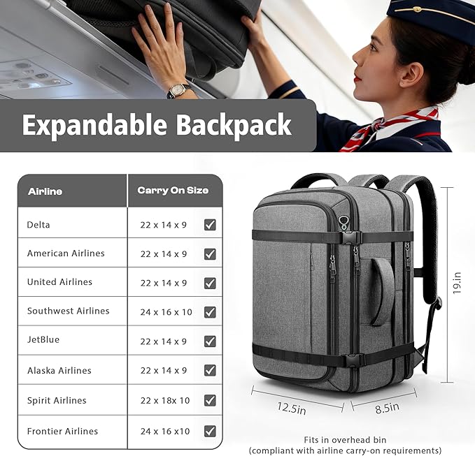 Comfort Travel Backpack with LifetimeWarranty,Expandable Carry on Backpack 1-5 Days with USB Cable Port,Fits 17.3" Laptop Notebook,Water Resistant Backpack Flight Approved Hiking,College Travel,Grey