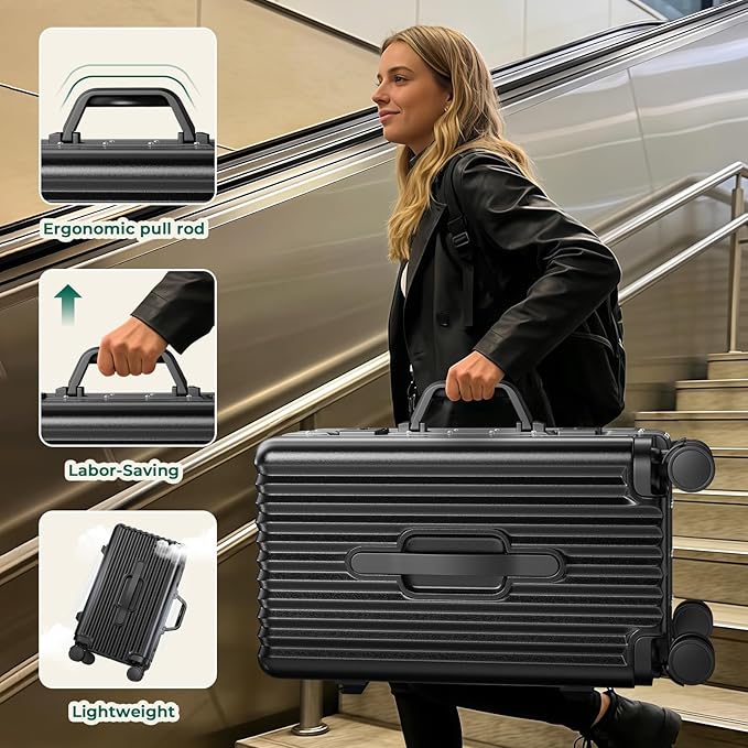 20 Inch Carry On Luggage, Aluminum Frame Zipperless Luggage, Hard Shell Suitcase with Charging Port, Cup Holder, TSA Lock, Phone Holder for Travel and Business Travel