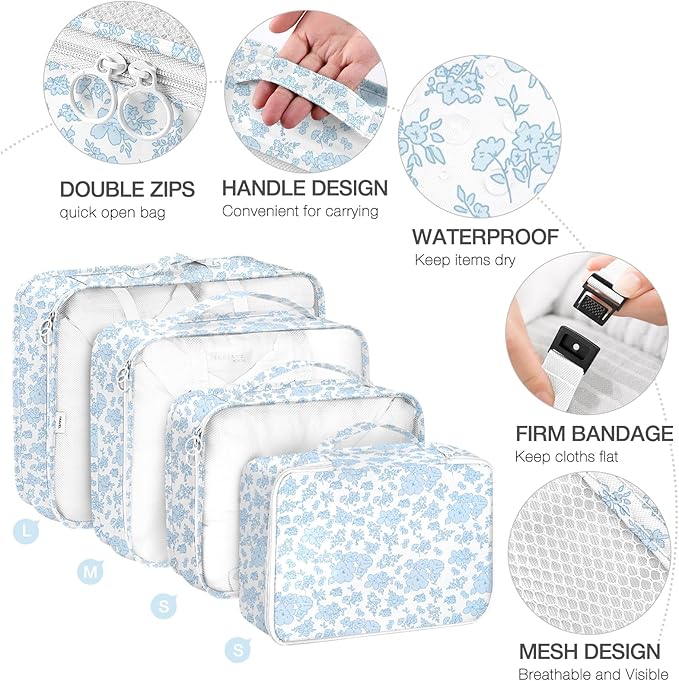 8 Set Packing Cubes for Suitcases,Packing Cube with Shoe, Cosmetics, Clothing, and Accessories Bags Packing Cubes for Travel Luggage Organizer Women Men(Blue Flowers)