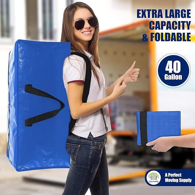 Cosy Family 8 Pack Heavy Duty Extra Large Moving Bags with Backpack Straps - Strong Handles & Zippers, Storage Totes For Space Saving, Fold Flat, Alternative to Moving Box (40 gal, Multicolored)