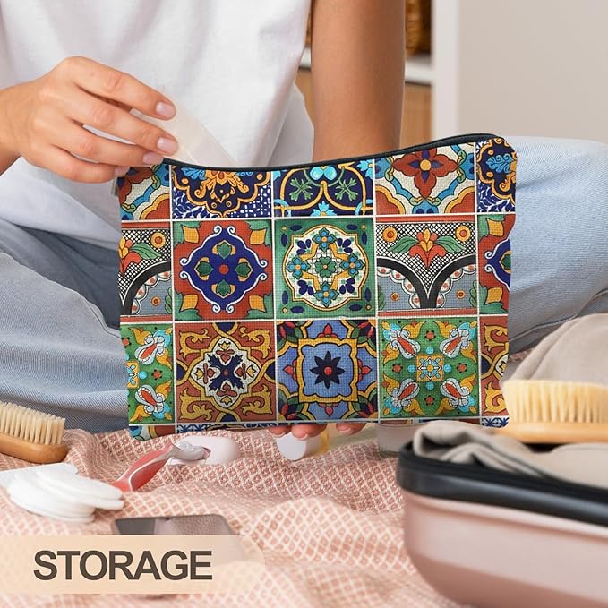 Bohemian Tile Pattern Makeup Bag, Ethnic Moroccan and Mexican Talavera Tile Cosmetic Bag for Women, Vintage Floral Makeup Pouch, Mexican Gifts for Women
