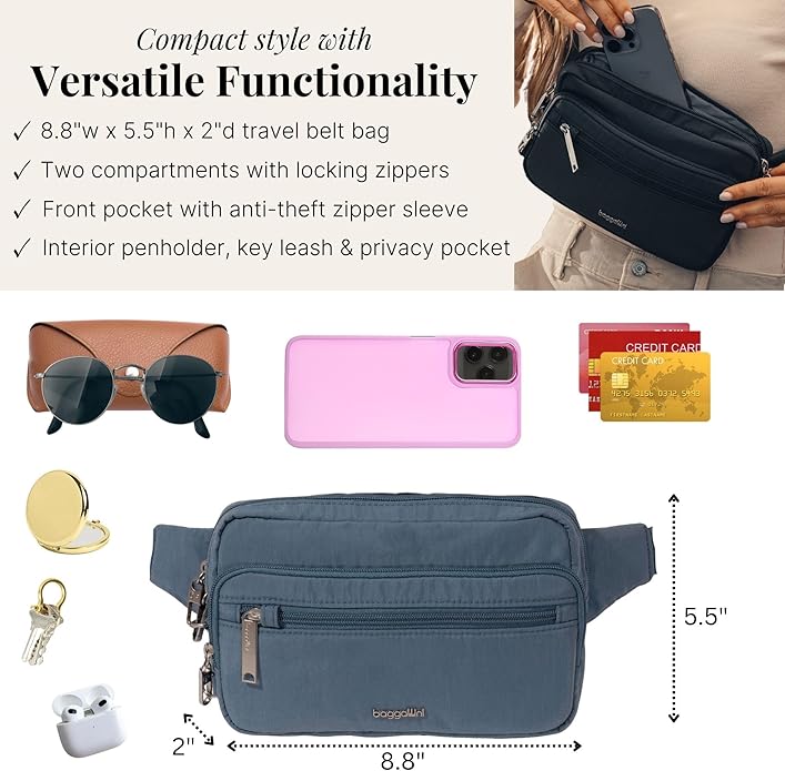 Baggallini Securtex Anti-theft Belt Bag 8.8"x5.5" Crossbody Fanny Pack for Women RFID Wallet Locking Zipper Travel Purse