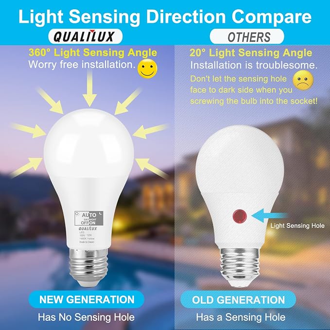 Qualilux Dusk to Dawn Light Bulbs, Auto On/Off Light Sensing LED Bulbs Outdoor, Amber Yellow Bug Light, A19 4-Pack, 12W 800LM 60W Equivalent, HQ-H020