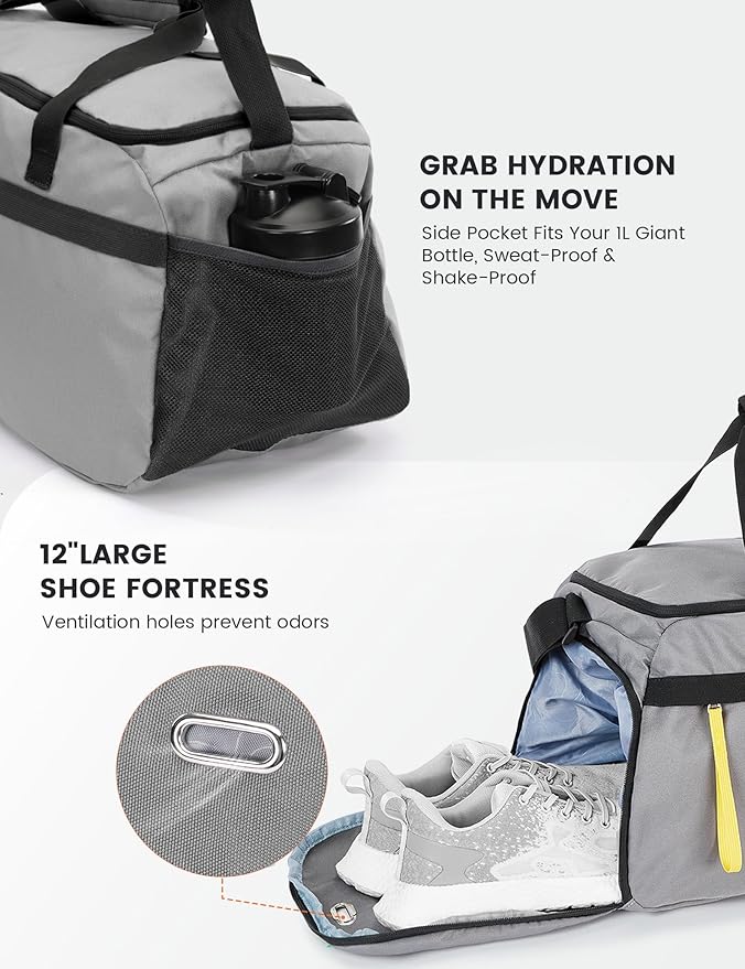 SKYSPER Gym Bag for Men & Women with Shoe Compartment, Carry-on Gym Duffle Bag for Travel and Sports, Workout Overnight Bag with Large Wet Pocket, Gray