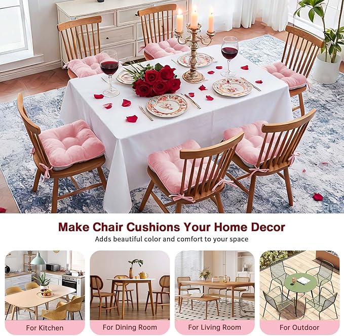 BETU Pink Chair Cushions for Dining Chairs Set of 6,3.5" Thick Kitchen Table Chair Pads with Ties,Non Slip Backing and Covers, Seat Cushion for Dining Room,Bar,Patio Chairs,16"X16"X3.5",Pink