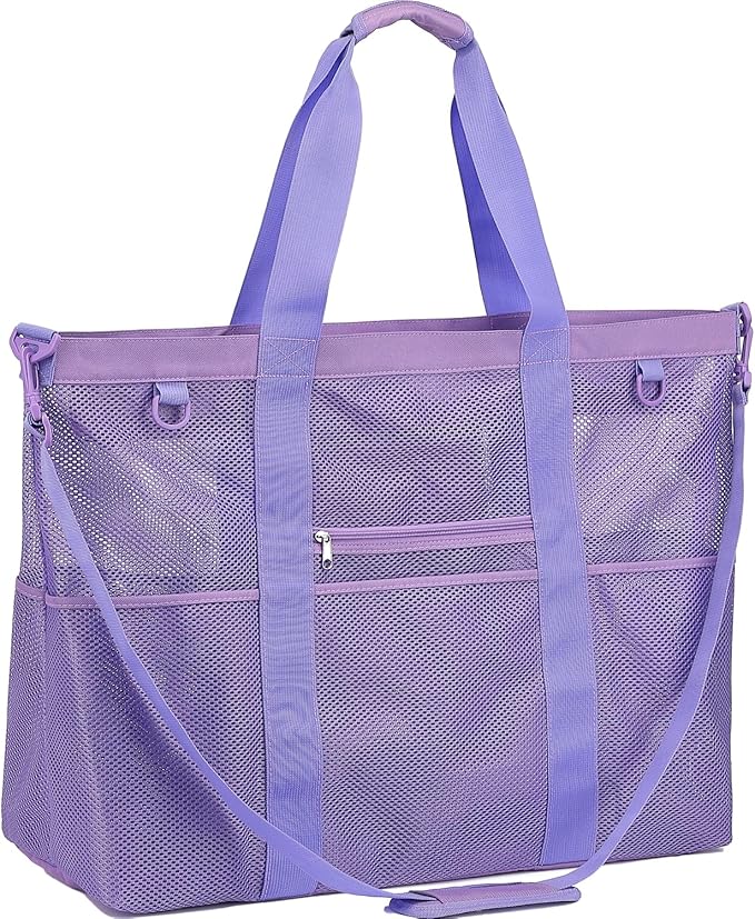 Fammart Mesh Beach Bag, Large Beach Tote with Zipper Pocket, Toys Pool Bag for Family Travel Vacation Cruise Essentials