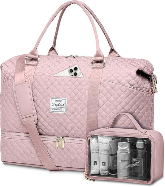 Weekender Duffle Bags for Women - Travel Duffel with Shoe Compartment, Carry On Overnight Bag, Gym Tote with Wet Pocket, Pink