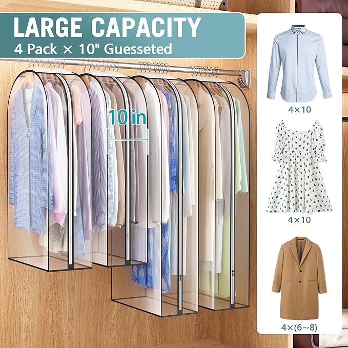 Liuoud Clear Garment Bag for Hanging Clothes 10” Gusseted, (40&50") Suit Bags for Open Closet Storage Plastic Clothes Cover for Coat, Dress, Shirts, Fur, Jacket, Wardrobe Protectors, 4 Pack