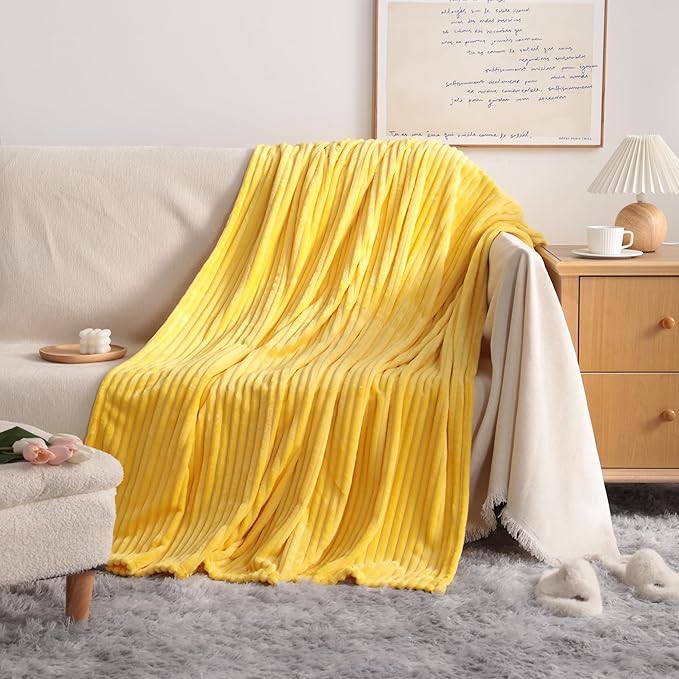NTBAY Plush Flannel Twin Bed Blanket, 60X80 Inches Soft and Warm Lightweight Blanket with Striped Texture Bed Blanket for Couch Sofa Bed All Seasons, 60"x80", Yellow