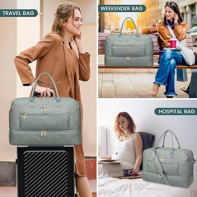 Large Women Travel Duffle Bag, Weekender Bags for Women with Shoe Compartment, Carry on Overnight Bag with Toiletry Bag, Gym Duffel Bag with Wet Pocket, Hospital Bags for Labor and Delivery 3 PCS Set
