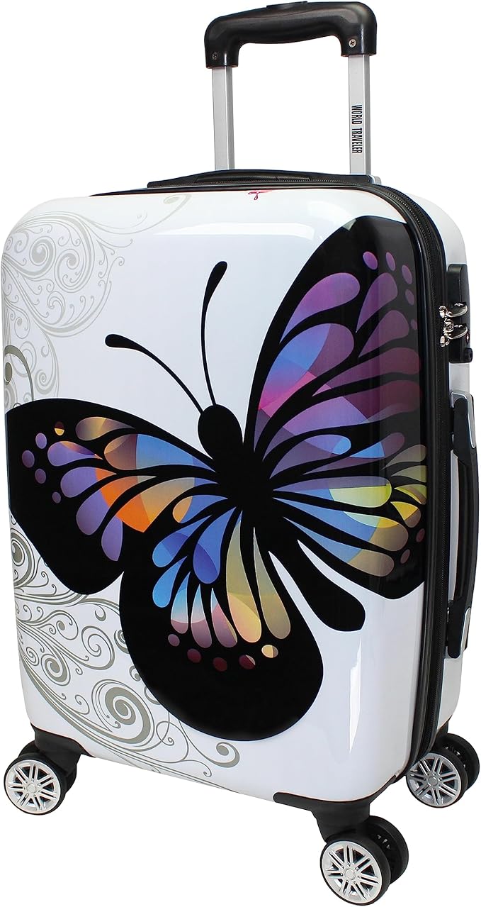 World Traveler Butterfly 20-Inch Carry-On Polycarbonage Hardside Expandable Spinner Luggage with Enhanced Wheel System