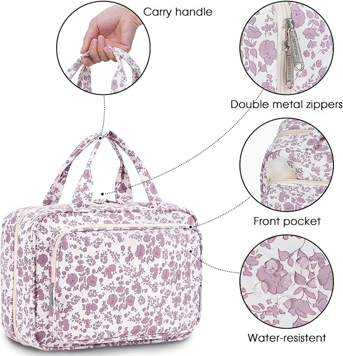 Narwey Travel Toiletry Bag for Women Large Hanging Makeup Bag Organizer Toiletries Bag for Full Size Essentials Accessories Cosmetics (Dusty Pink Flower (Large))