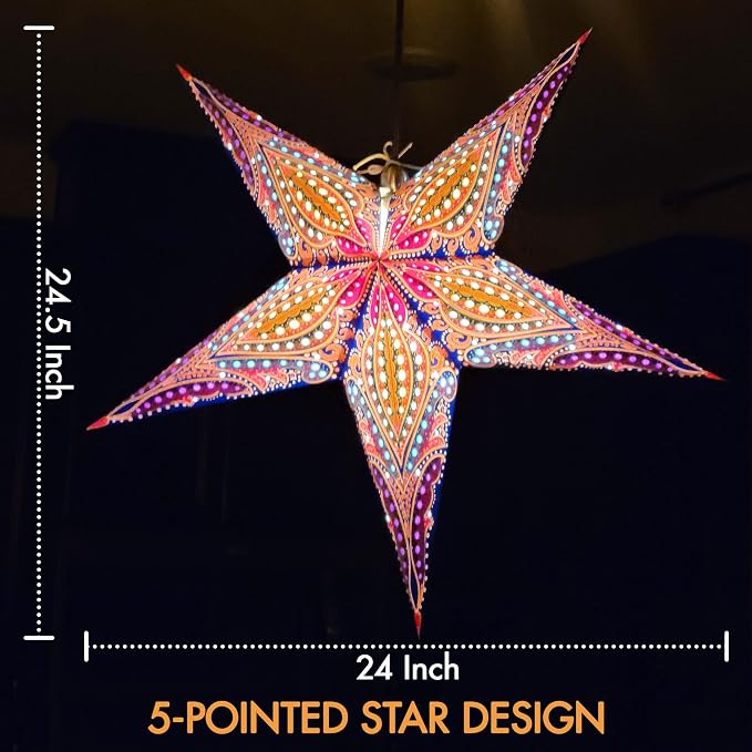 GalaxyArts Paper Star Lanterns, 24 Inch Queen Blue Yellow 3D Light-Up 5-Pointed Hanging Lamp, Handcrafted Hollow Decoration for Christmas, Weddings, Holidays, Indoor Outdoor Home Décor (Medium)