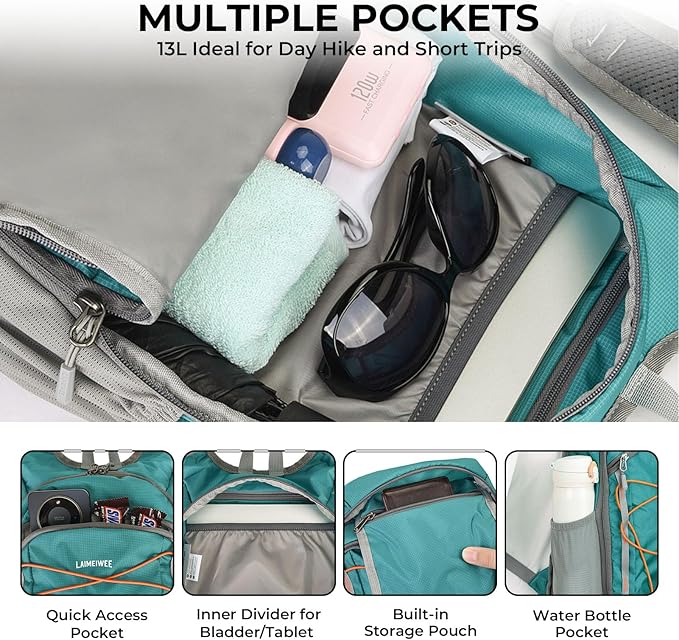 13L Small Hiking Backpack for Women Men, Lightweight Foldable Day pack, Packable Daypack for Travel, Camping (Teal)