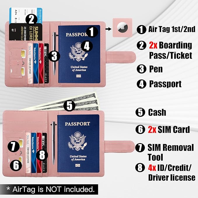 GOAUS Passport Holder for Travel with AirTag Slot Cards Cash Pocket, Faux Leather Travle Wallet Gifts for Women Men RFID Blocking Book Case Pink, AirTag Not Included