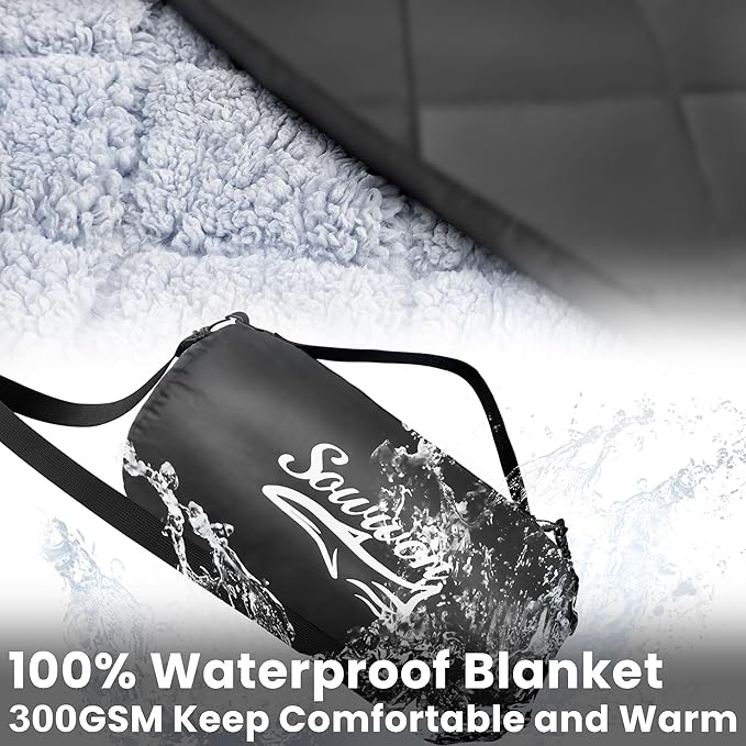 Waterproof Outdoor Blanket 62”X 51” Packable, Stadium Blankets for Camping with Sherpa Fleece Lining, Large Windproof Emergency Throw for Garss Picnic Hiking Road Trip, Machine Washable, Black 300GSM