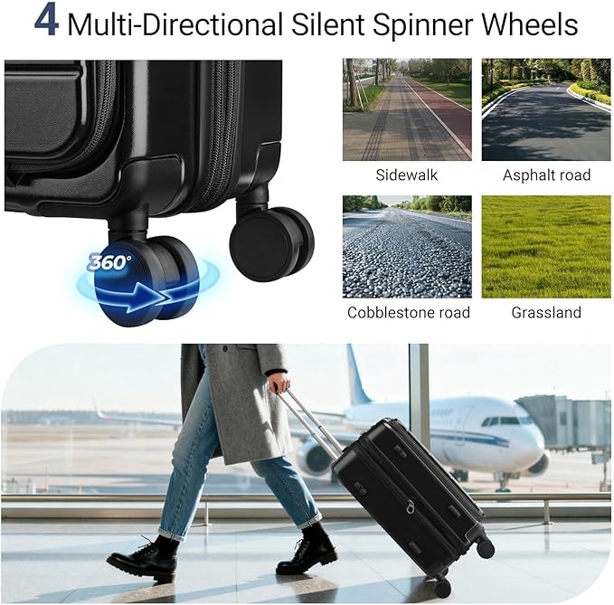 Carry On Luggage with Top Opening, Expandable with Front Pocket and USB Charging Port, Lightweight with Front Compartment Rolling Suitcases with Spinner Wheels (Black, 20 Inch)