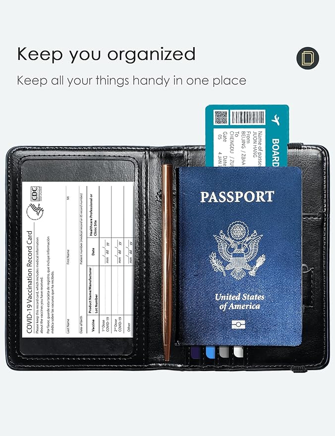 Mymazn Passport Holder with Clear Pocket Passport Case Passport Cover Women Passport Case with RFID Blocking and Vaccine Card Holder Travel Wallet (Black/Gold, Minimalist)