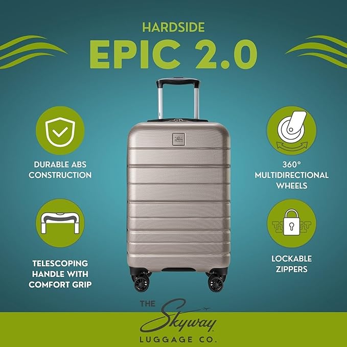 Skyway Epic 2.0 Hardside Lightweight and Durable ABS Shell Luggage, Spacious with 8-Wheel Spinners, Comfort Grip with Telescoping Handle, Men and Women, Bone, 3-Piece Set (20,24, 28)