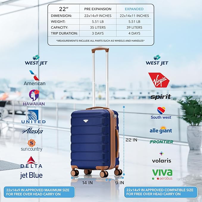 Flight Knight 22x14x9" Expandable Carry On Suitcase Hardside TSA Lock USB C Port Lightweight Luggage Silent Double Spinner Wheels Maximum Overhead Carry-On Bag For American & United Approved Airlines