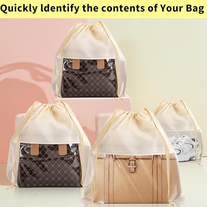12 Pcs Shoe Bags for Travel, Dust Bags for Handbags, Dustproof Drawstring Bags in 4 Size, Breathable Non Woven Fabric Storage Bag for Handbags Shoes Purses, Beige