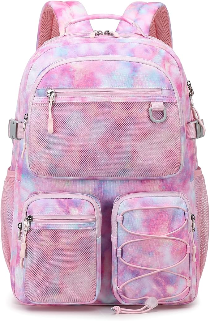 Lohol Multi-Pocket Backpack for Travel College, Heavy Duty Big Bookbag with 15.6 inch Laptop Compartment (Pink Galaxy