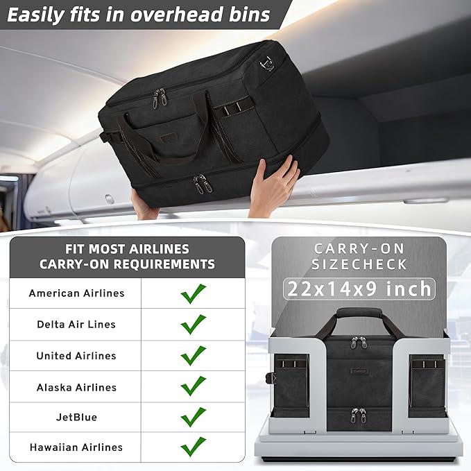 ZOMFELT Travel Duffle Bag for Men, 45L Carry On Luggage 22x14x9 Airline Approved, Waterproof Canvas Overnight Duffel Bag with Removable Dividers, Weekender Gym bag with Shoe Pocket (Washed Black)