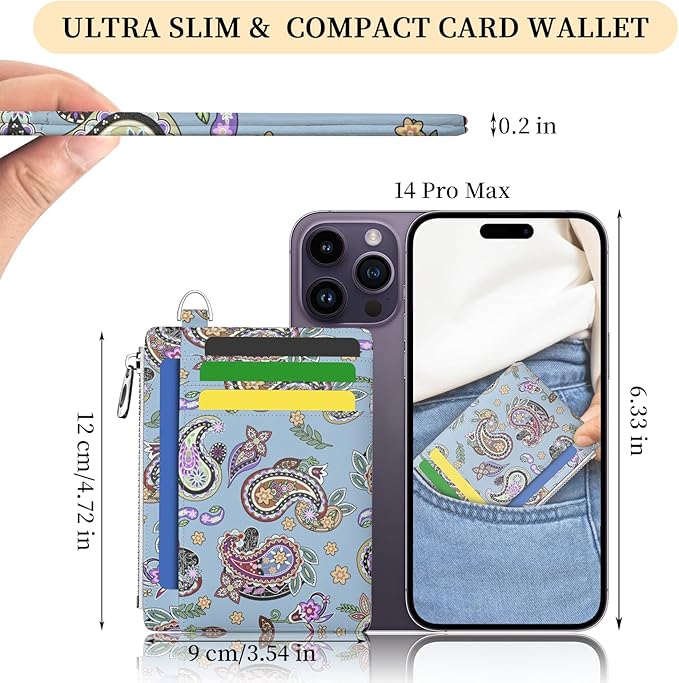 Hancynir Slim Wallet Women Credit Card Holder Boho RFID Blocking Small Cute Card Wallets Mini Front Pocket PU Leather Card Case Thin Travel Zipper Coin Cash Ladies Female Wallet Gifts