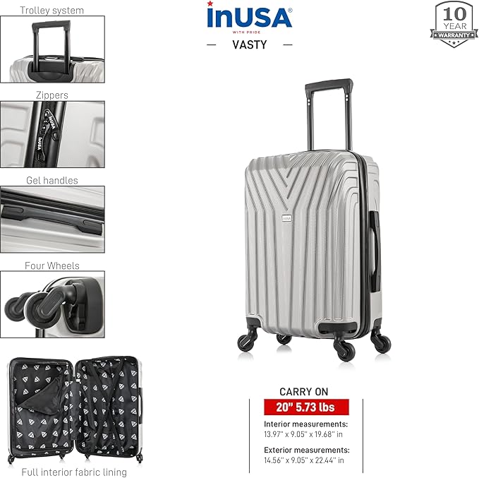 InUSA VASTY Luggage with Spinner Wheels | Durable Lightweight Hardshell Suitcase, Travel Bag with Handle and Trolley, 20-Inch Carry On Small Luggage | Grey