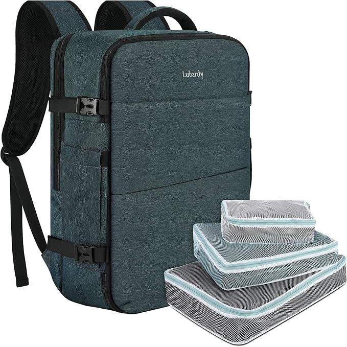 Lubardy Travel Backpack for Men Women 17 Inch Flight Approved Carry on Backpack Waterproof Large 40L Luggage Daypack Business College Weekender Overnight Laptop Backpack with 3 Packing Cubes, Blue