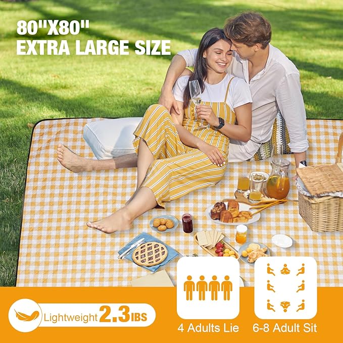 G GOOD GAIN Picnic Blankets Outdoor Extra Large - 80"x80" Portable Waterproof Picnic Blanket, Machine Washable 3-Layer Foldable Park Mat with Sandproof Backing for Grass, Hiking, Travel (Yellow)