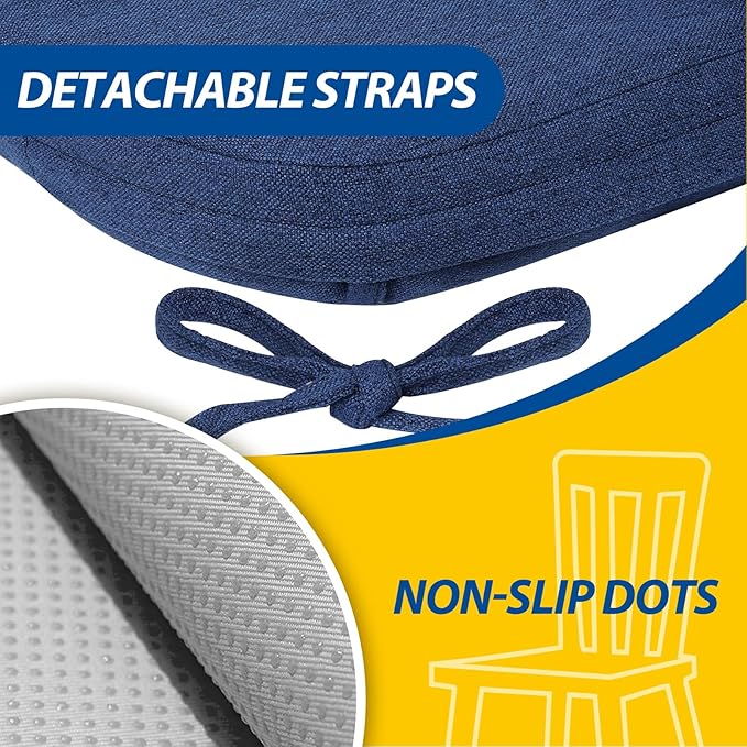 AAAAAcessories D-Shaped Chair Cushions, 2" Thick Dining Chair Pads with Ties and Removable, Machine-Washable Cover, 17" x 16", Set of 8, Blue