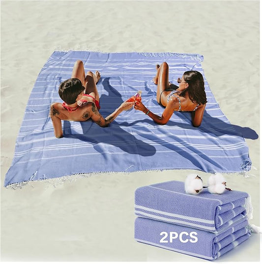2 Pack Giant Huge Thin Boho Throw Blanket Turkish Beach Blanket Towel Jumbo Extra Large XL XXL Oversized Outdoor Picnic Accessories Travel Essentials for Family Camping Gears Must Haves Yard Mat Navy