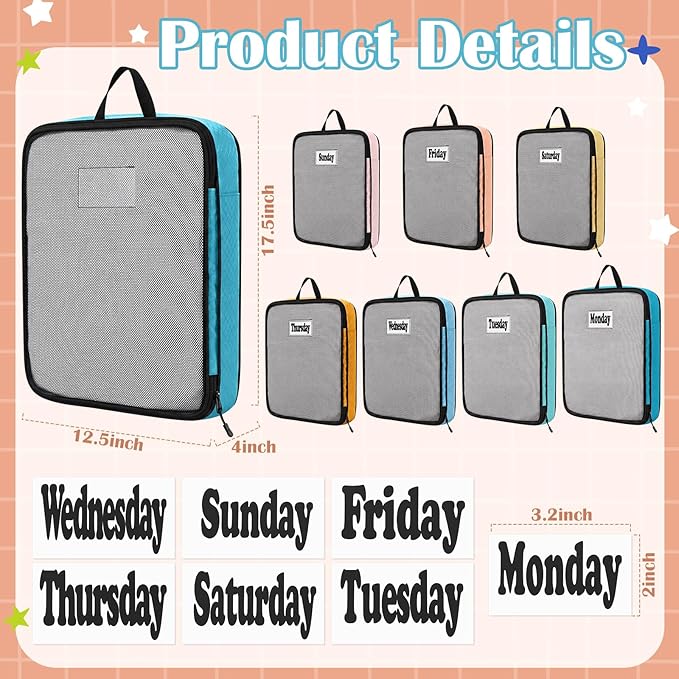 7 Pcs Packing Cubes for Travel Large Days of Week Compression Packing Cube with Labels Luggage Organizers Storage Bag(Multicolor)