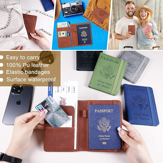 Melsbrinna Premium Leather Passport Holder Covers Case, Waterproof Rfid Blocking Travel Wallet Passport Holder with Pen Holder, Cute Passport Book for Women/Men