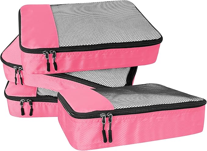 4-Piece Packing Cubes Travel Accessories Set for Suitcases - Luggage Organizer Bags with Double Zipper - Mesh Top - Medium - Pink
