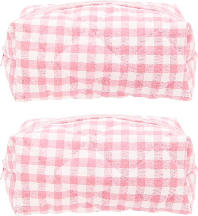 PAZIMIIK 2PCS Cozy Makeup Bag Travel Cosmetic Bag for Women Soft Toiletry Bag Aesthetic Makeup Organizer Portable Large Zipper Pouch for Skincare Beauty Accessories Brushes Pink Checkered