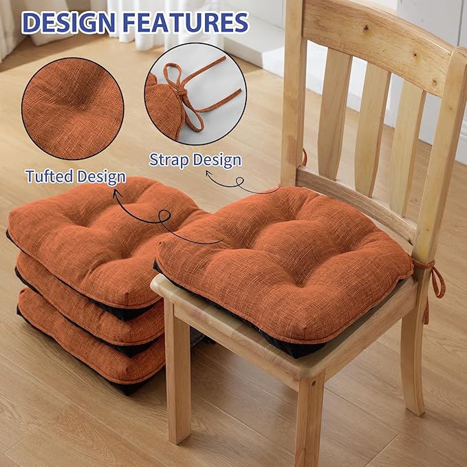 Chair Cushions for Dining Chairs Set of 6, Kitchen Chair Cushions, Chair Pads with Ties and Non Slip Backing, Tufted Memory Foam Seat Cushion 6 Pack, 15.5" x 15.5" x 4", Orange