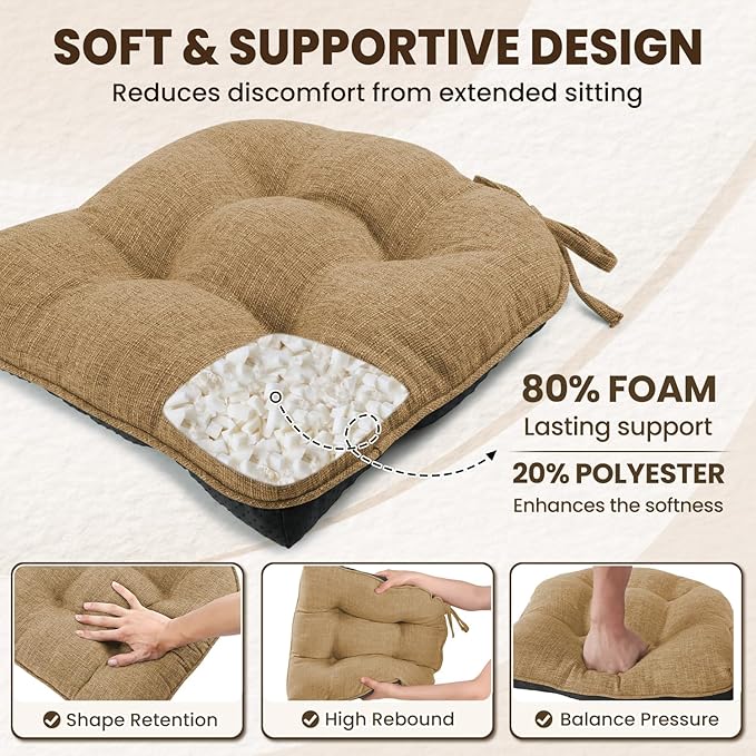 downluxe Indoor Chair Cushions for Dining Chairs, Tufted Overstuffed Textured Kitchen Chair Pads with Ties and Non-Slip Backing, 15.5" x 15.5" x 4", Taupe, 4 Pack