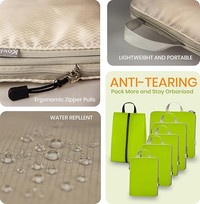 Compression Packing Cubes for Travel, Set of 6 Expandable Luggage Organizers with Shoe Bag, Lightweight Water-Resistant Suitcase Essentials for Carry-on & Checked Luggage, Green