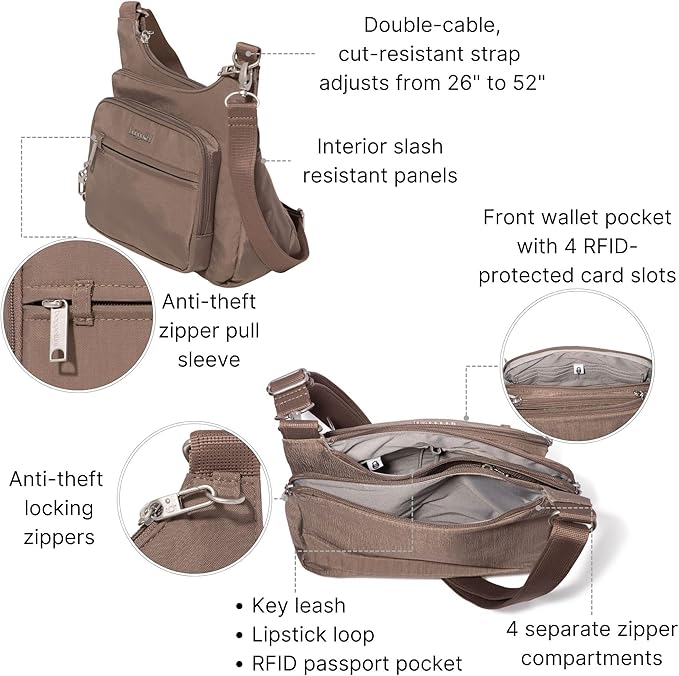 Baggallini Securtex Anti-theft Crossover Crossbody Bag 11”w X 8.5”h, Rfid, Built-in Wallet, Locking Zippers