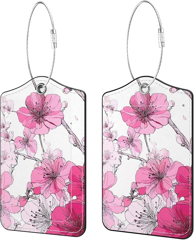 2 Pack PU Leather Luggage Tags for Suitcases, Privacy Protection Cover with Stainless Steel Loop and Address Card, Travel Cruise Essentials (Pink Flower)