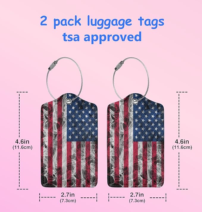 2 Pack American Flag Luggage Tags for Suitcases, Cool Leather Luggage Tag for Travel, Bag Tag Privacy Name ID Card Bag Labels for Friends Adults Kids Tourists