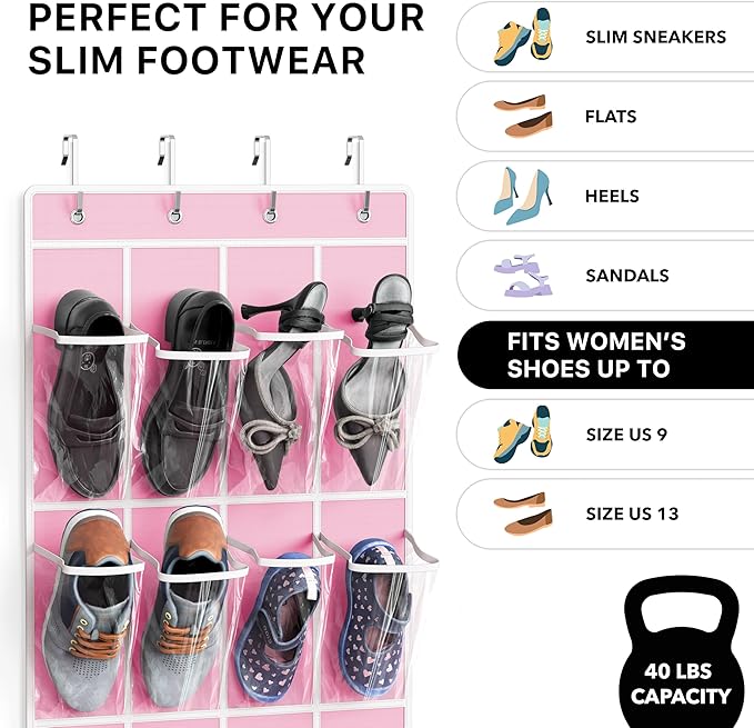Simple Houseware 24 Pockets - Crystal Clear Over The Door Hanging Shoe Organizer, Pink (64'' x 19'')