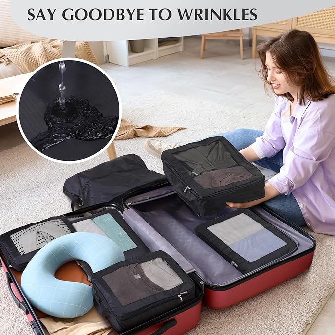 Ultralight Compression Packing Cubes for Suitcases Carry on，Compressible Mesh Packing Cubes for Travel Women Travel Essentials with Shoe Bag 6 Set (Black)