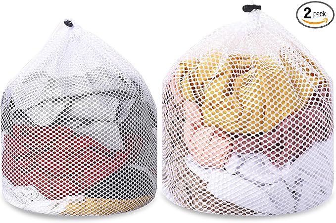 2pcs Mesh Laundry Bags for Socks, Machine Washable Drawstring Design Travel Mesh Laundry Wash Bags White Drawstring Garment Bags for Laundry Storage for Home Dorm Hotel Travel Use,12x16inch, 16x20inch