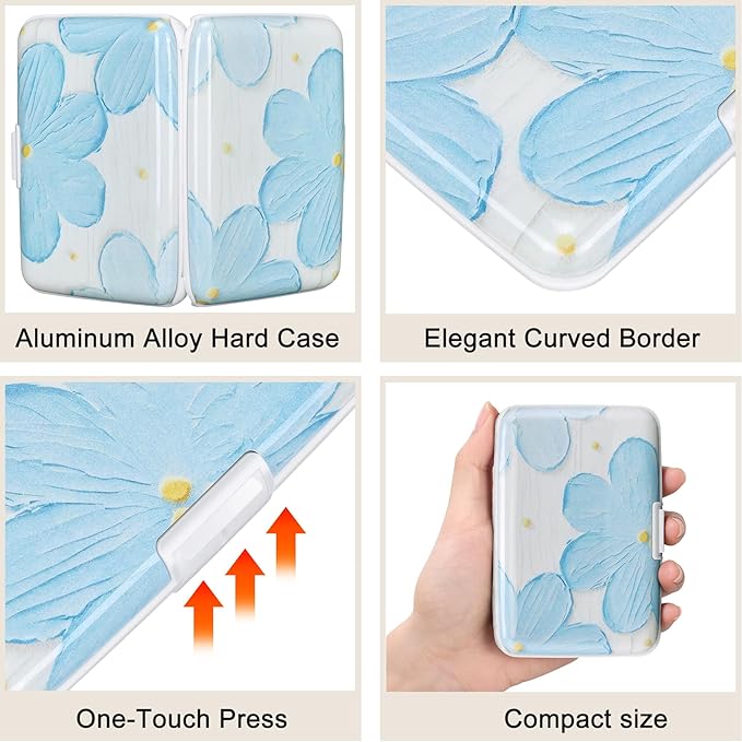 ELFISH Mini RFID Aluminum Wallet Credit Cards Holder Business Card Case Metal ID Case for Men Women(Cerulean Flower)