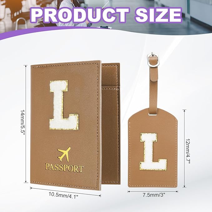PATIKIL Passport Holder for Travel, Initial Passport Cover and Luggage Tag Set with Alphabet Chenille Letter Patch Travel Wallet Bag Suitcase Identifier for Women Family Travel Brown L