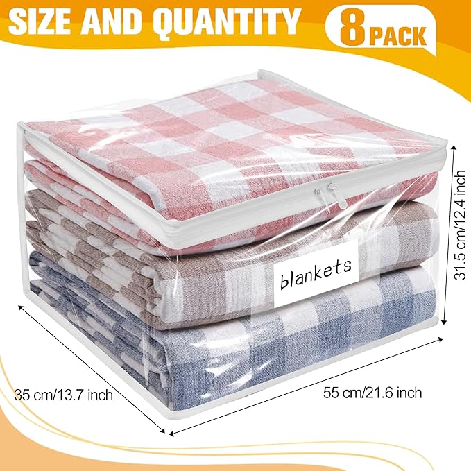 Kikerike Plastic Storage Bags with Easy-Glide Zipper, Pack of 8, Durable Clear Vinyl Zippered Storage Bags for Clothes Sweaters Comforters Blankets Sheets Bedding (21.6 x 13.7 x 12.4 Inch)