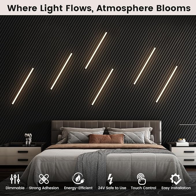 Wall Panel Lights 6pcs 3000K Warm White Adhesive Wood Slat Light | Dimmable Touch Switch LED Lights for Wall Panels & Fluted Panels, Headboard, Stairs, Under Cabinet, Wall Decor Living Room